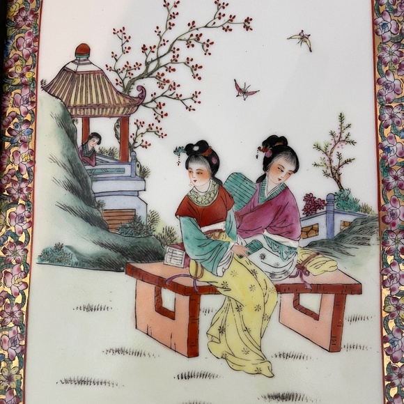 Framed Vintage Chinese Famille Rose Porcelain Plaque in Bamboo Style Frame - Picture 2 of 11
